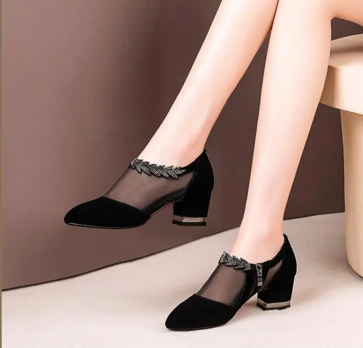 Summer Women High Heel Shoes Fashion Mesh Breathable Pumps Pointed Thick Heels Female Dress Shoes Rhinestone Elegant Footwear