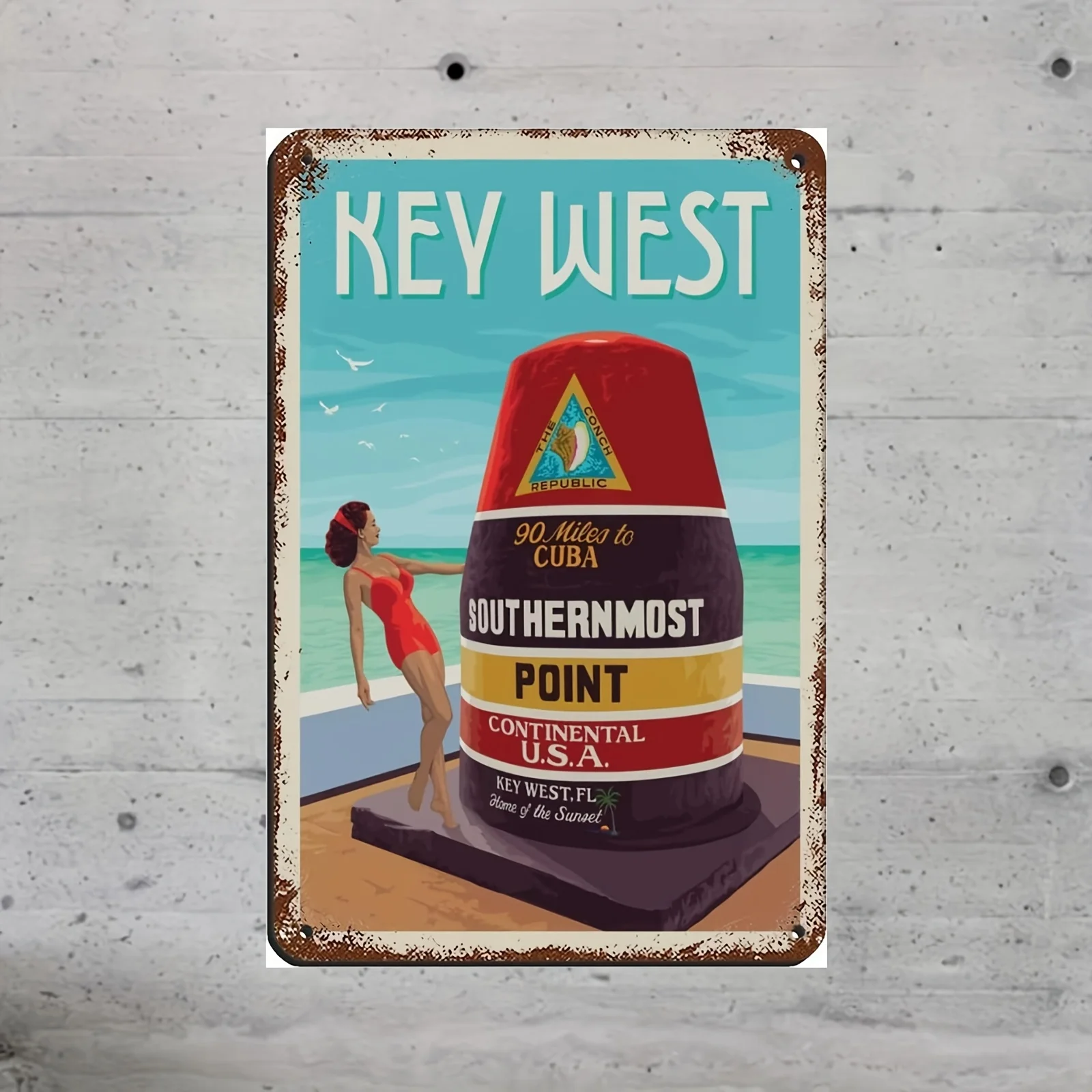 ، علامة قصدير معدنية من Key West Florida Vintage Art Deco - ديكور حائط من Southernmost Point USA، حديد ريفي غير مؤطر معلق لـ H