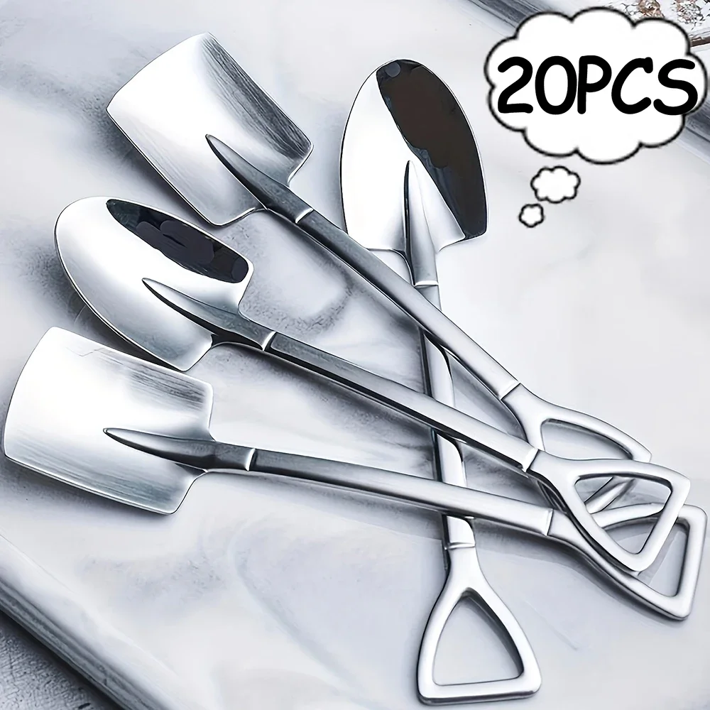 20/2x Stainless Steel Shovel Spoon Steel Spade Scoop Mini Coffee Fruit Ice Cream Dessert Spoon Kitchen Tableware Set Gold Silver