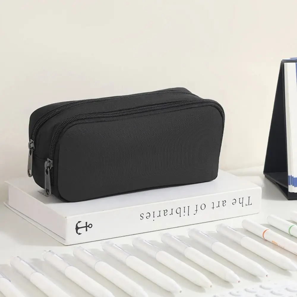 Double Layered Portable Pen Bag Wear-resistant Large Capacity Students Pencil Case Zipper Oxford Cloth Stationery Organizer