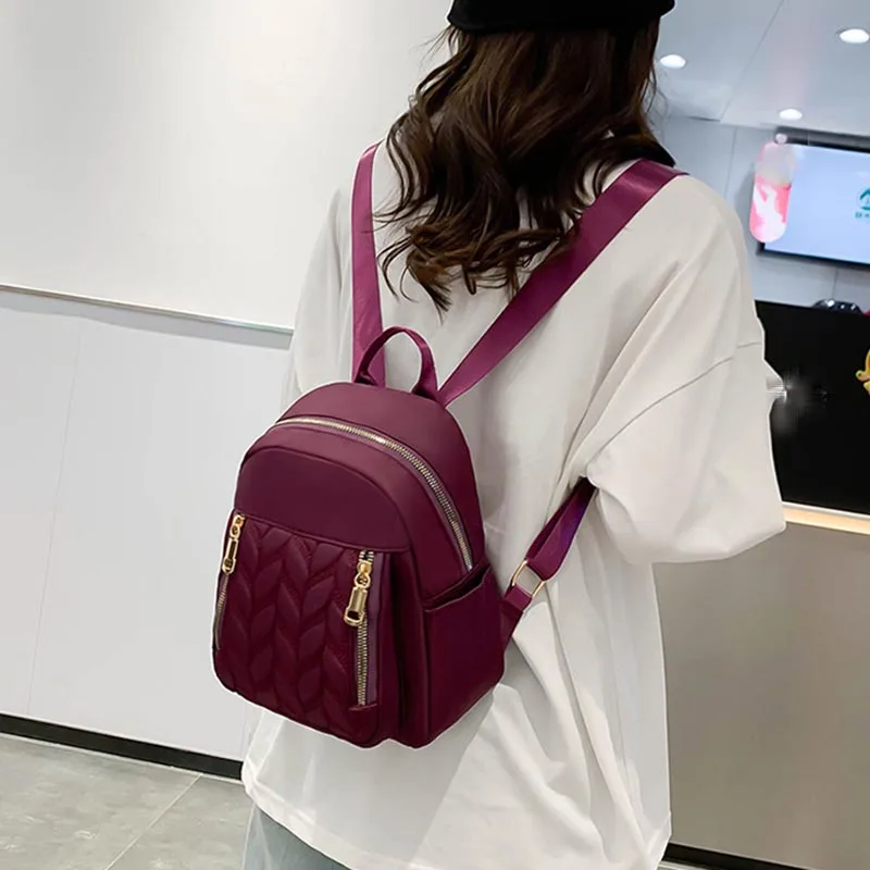 New Leaf Pattern Leisure Travel Nylon Backpack Solid Color Waterproof High-quality Zipper Decorative Women\'s Bag