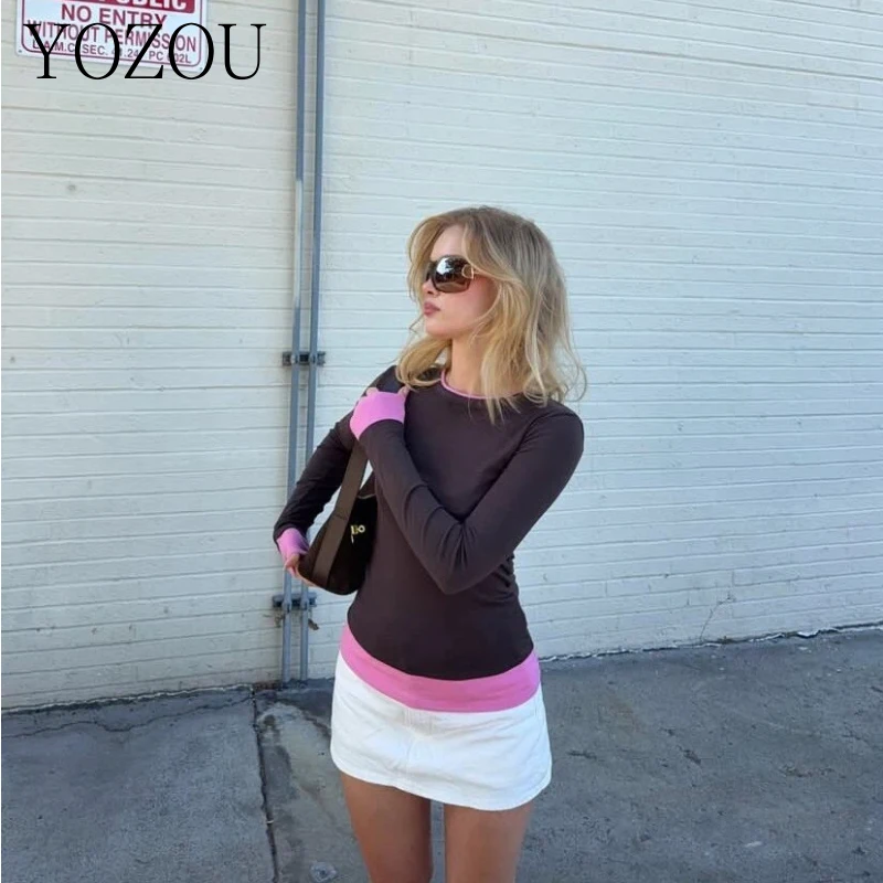 

[YOZOU] Cotton Basic Long Sleeve T-shirts Women Female Clothing Tops Alternative Brown Pink Rave Outfits Stylish Korean Tee