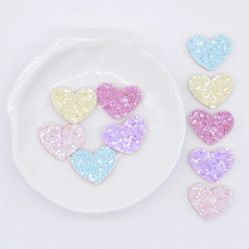 50Pcs 20*15mm Glitter Heart Applique for Clothes Hat Crafts Decor DIY Baby Headwear BB Clip Bow Ornament Accessories Patches