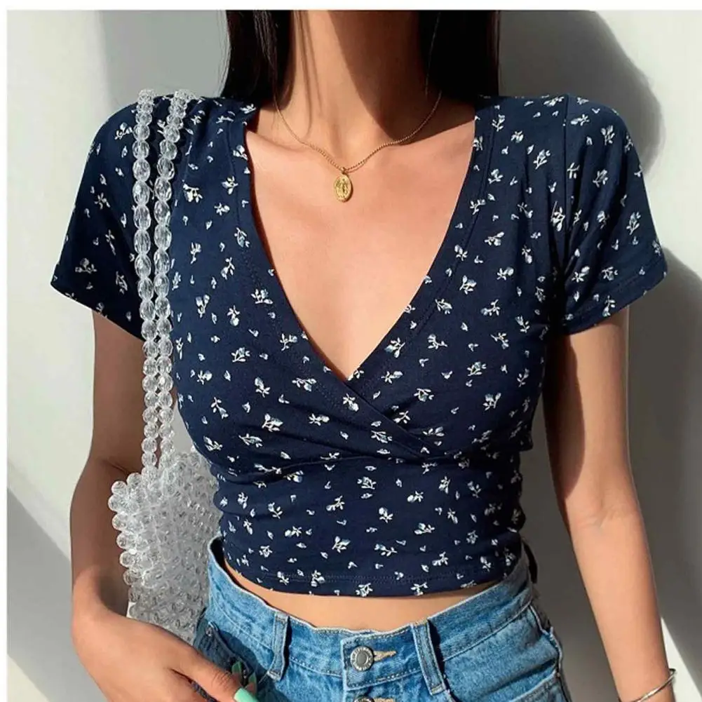 Retro Floral Print Exposed Navel Women Blouse Summer Sexy V Neck Crop Top V-neck Slim Fit Short Sleeved T-shirt Fashion Blouse