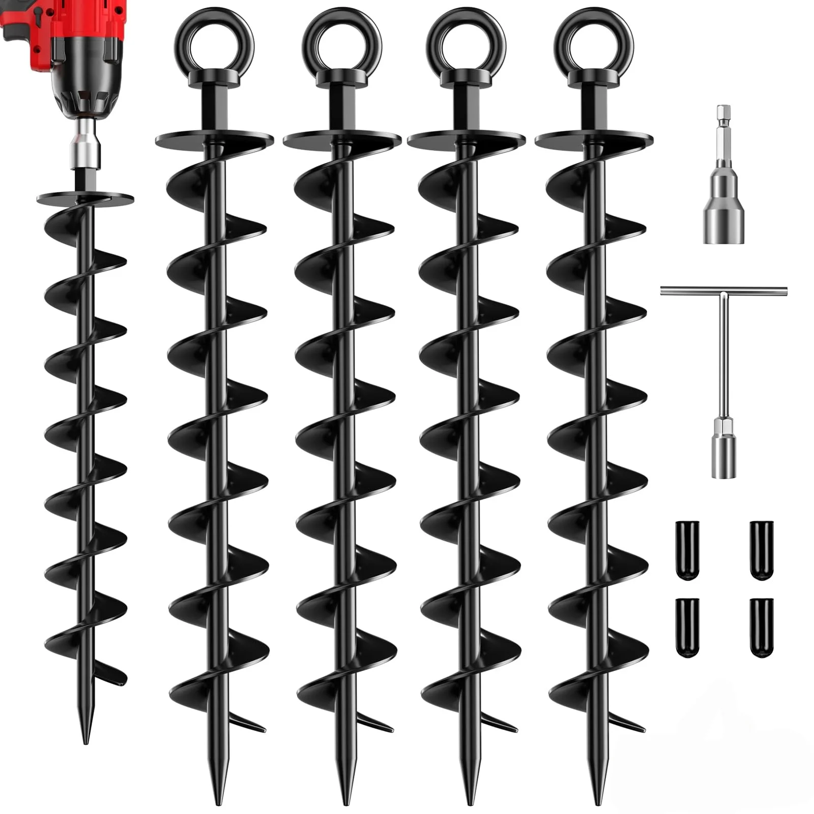

4 Pack Heavy Duty Spiral Ground Anchor for Trampoline, Tent, Swing Set, Sheds, Carports, Mobile Home, with Nut and Tool, Black