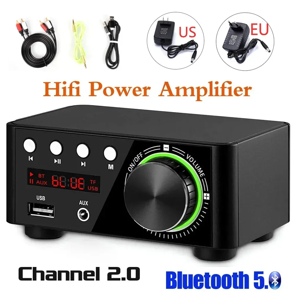 Bluetooth 5.0 HIFI Power Amplifier 50Wx2 Channel 2.0 Home Car Digital Audio AMP USB U-disK TF Music Player