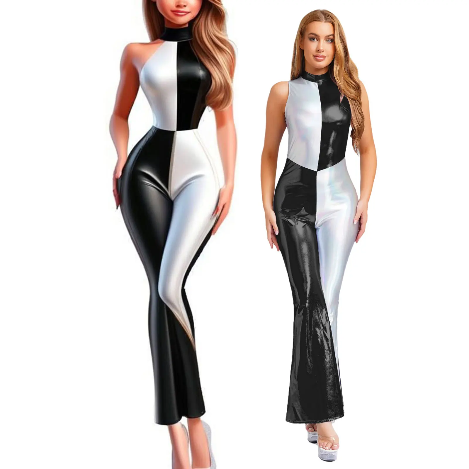 

Комбинезон Rave, женский комбинезон с эффектом металлик для дискотеки, костюм 70-х годов, блестящие контрастные расклешенные брюки, боди для ночного клуба, Марди Гра, музыкальный фестиваль