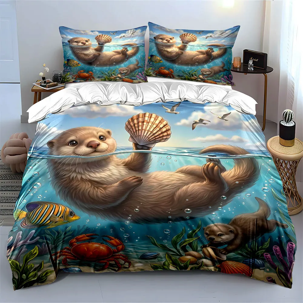 Playful otters and marine life Printed Duvet Cover Set 1 Duvet Cover+2 Pillowcase Multi Size Bedroom Bedding Decoration