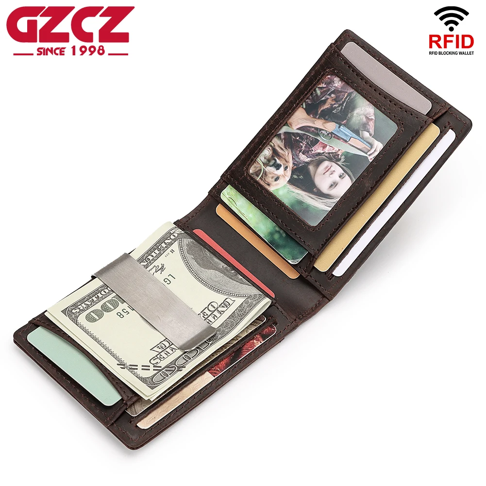 

Genuine Leather Slim Money Clip for Men with AirTag Cover RFID Card Holder with ID Window Slim Short Male Billfold Cash Holder