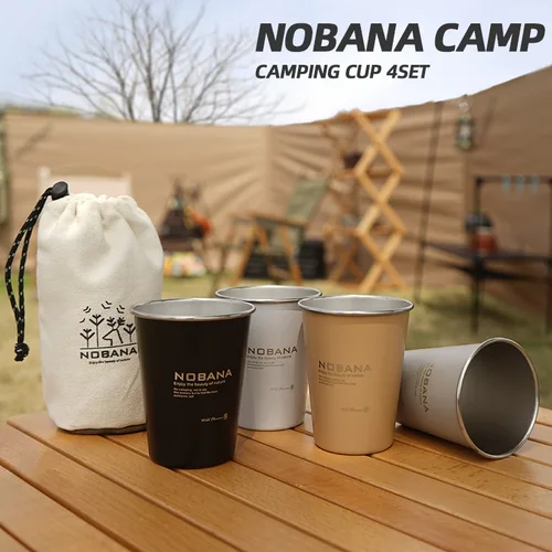 Imagen 2 del producto NOBANA nueva taza para acampar al aire libre juego de 4 piezas taza de acero inoxidable 304 Camping Picnic barbacoa cerveza agua taza de café 350ML