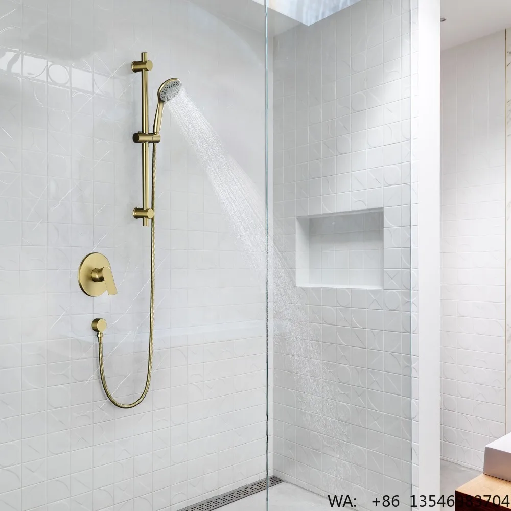 Modern Brass Wall-mounted Single-handle Metered Shower Head, Brushed Gold Finish, Gentle Rain-like Spray, Ceramic Valve Core.