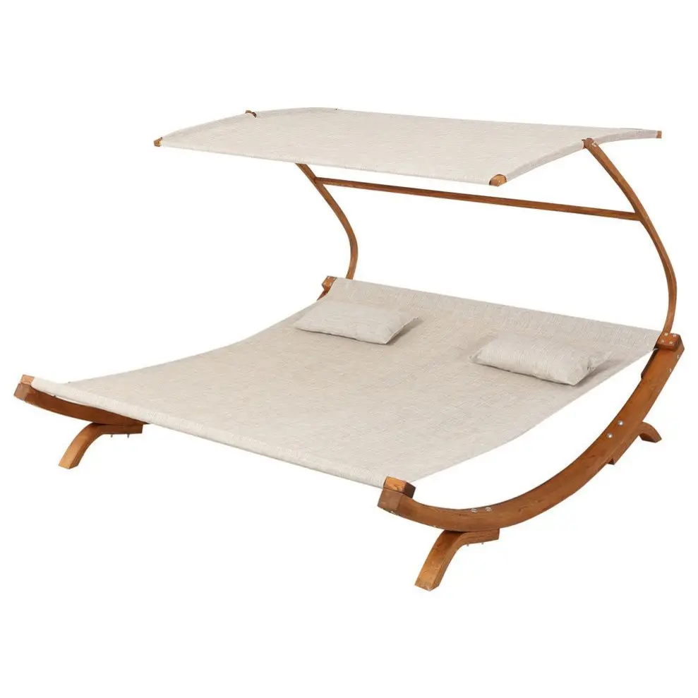 Natural Teak Frame Double Bed with Outdoor Chaise Longue with Adjustable Canopy White Fabric Coloured Patio Style