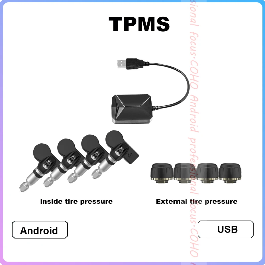 

USB Android TPMS Tire Pressure Monitoring System Wireless Transmission 8 bar 116 psi Alarm System 5V Internal External