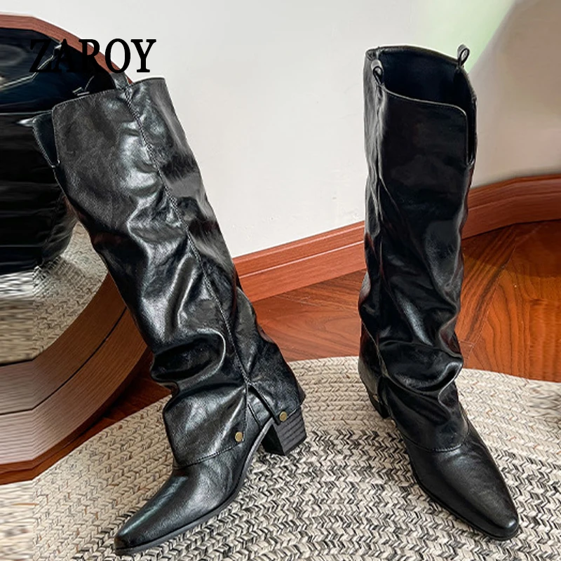 

Women Long Boots Winter Pu Leather Warm Knee-High Boots Street Style High Heel Shoes Punk Vintage Long Booties Zapatos De Mujer