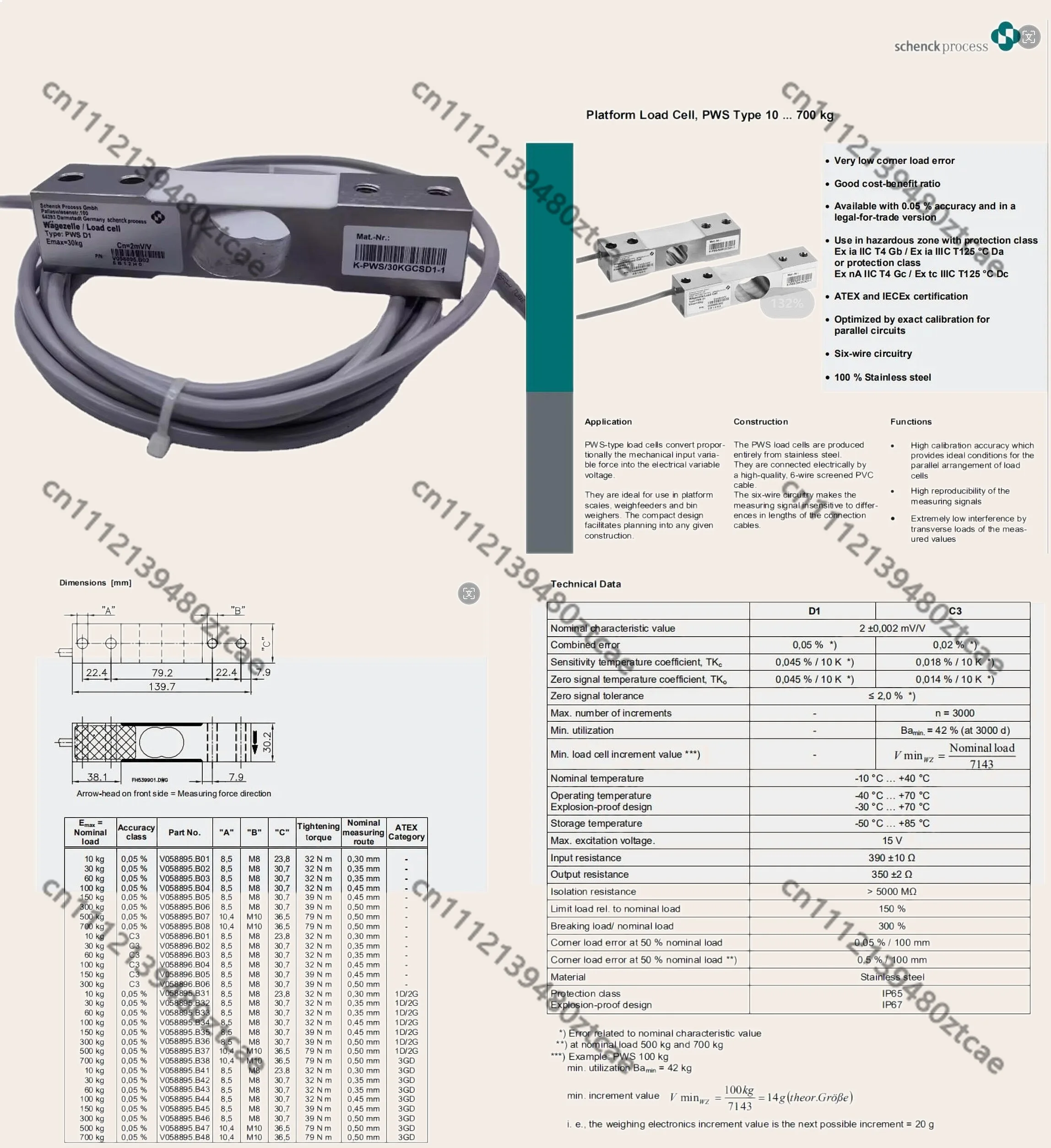 Тензодатчик Schenck PWS одноточечный D1 30 кг, 60 кг, 100 кг, 150 кг, 300 кг, высокоточный датчик веса для весов