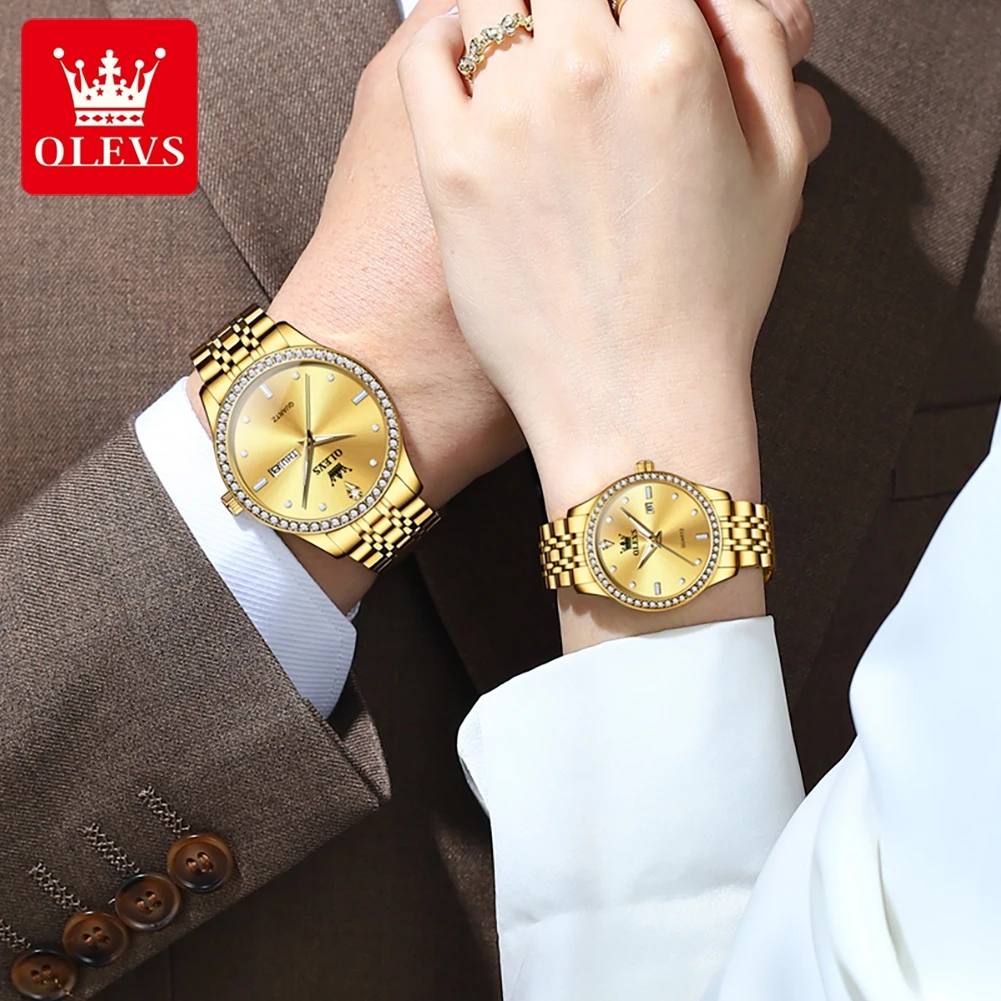 OLEVS-Montre de couple en diamant en acier inoxydable étanche, montre à quartz d'affaires, marque de luxe, classique et décontractée, 3625