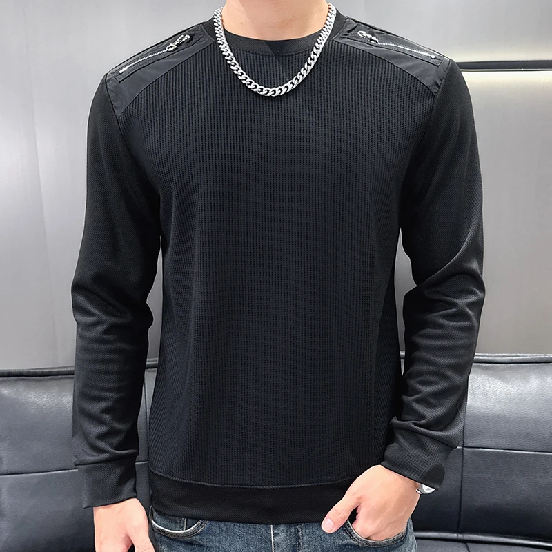 

Осень 2220, мужские толстовки с круглым вырезом, облегающая футболка с длинными рукавами, украшение на молнии, повседневный деловой пуловер, толстовки 4XL