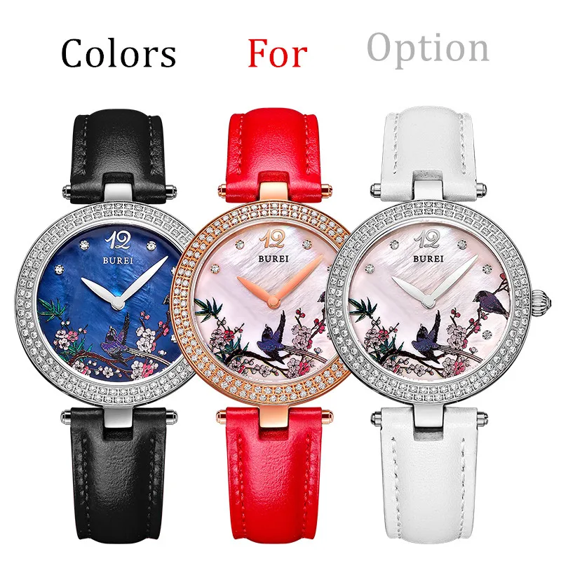 BUREI-Reloj de pulsera de cuero para Mujer, accesorio de lujo, resistente al agua, de cuarzo, informal