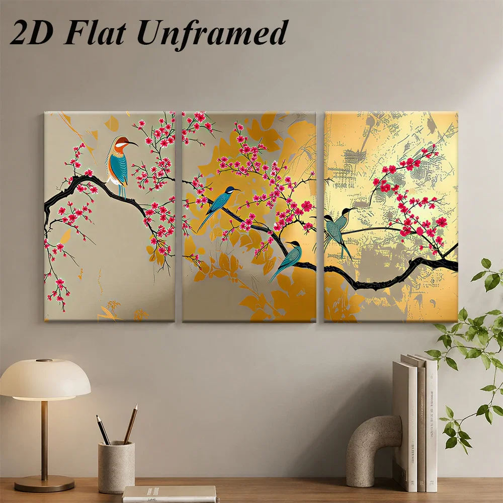 3pcs frameless canvas painting 1 set of triptych frameless decorative paintings, modern minimalist flower and bird art home deco