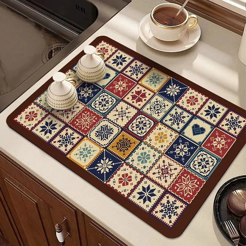 VIKAMA Vintage Floral Tile Dish Rack Mat Absorbent Kitchen Counter Mat Non Slip Tableware Drainer Pad Vintage Decor