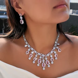 CWWZircons Luxury Charming Pink Cubic Zircon Flower Drop Big Tassel Necklace Bridal Wedding Banquet Jewelry Sets for Women T0876