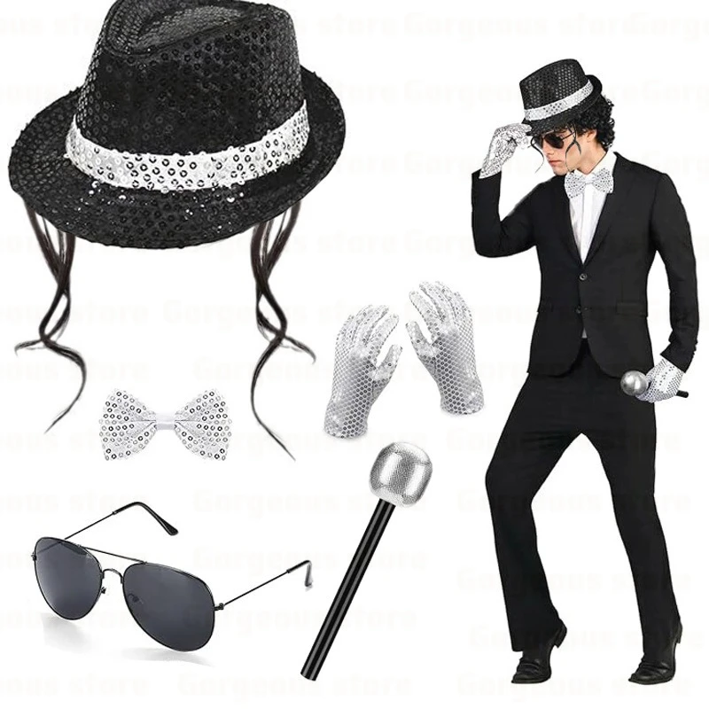 Michael Jackson Costume Accessories Set - Sequin Fedora Hat + Rhinestone Gloves + Aviator Sunglasses, Halloween Cosplay Party Dr