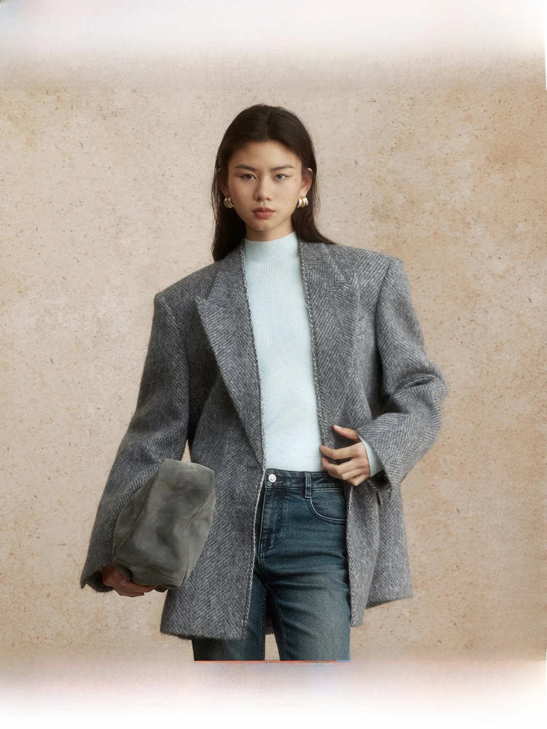 

mat ey Suit Jaet Women's Winter One Button Loose Feel ZhiZhi Apricot B Swallow Commute Sle Wool Blend