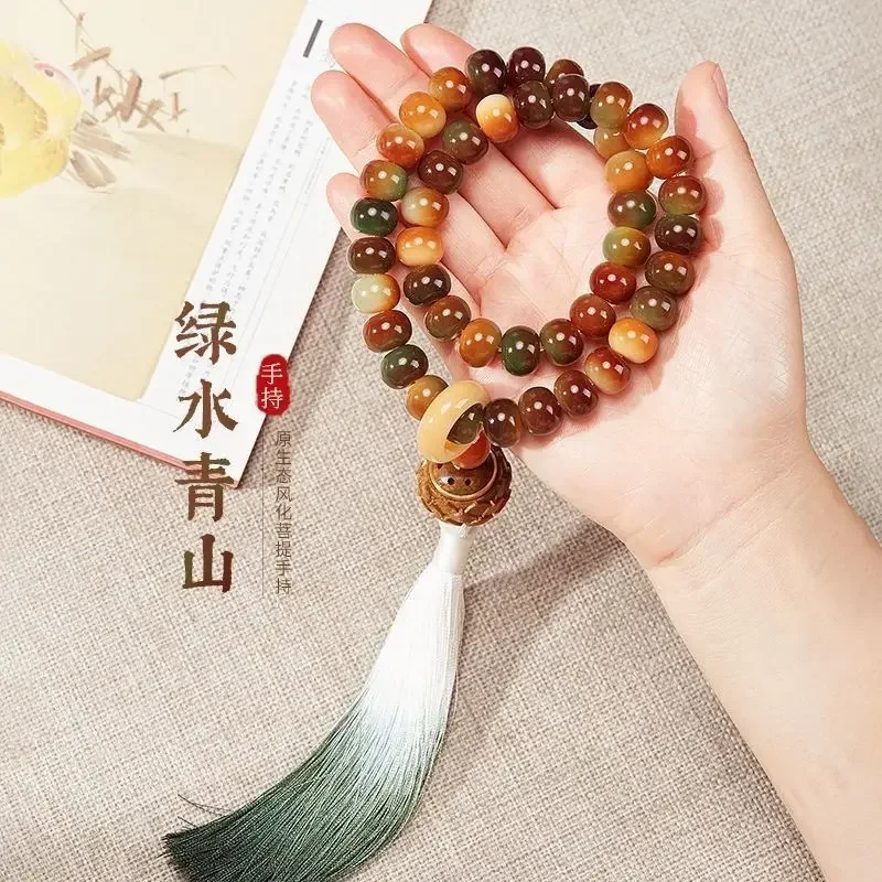 

Natural Bodhi Bracelet Dunhuang Green Lantern Ancient Buddha Wentian WenPlay Hand-held Weathered Hollow Lotus Charm HandString