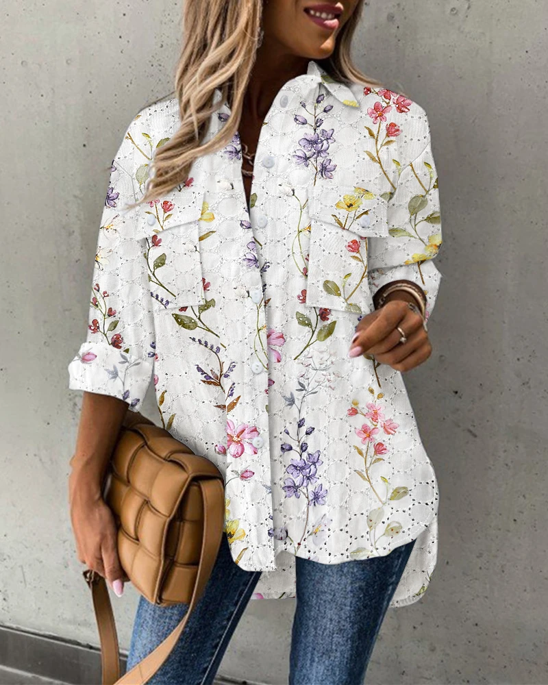 Elegant Floral Pattern Long Sleeve Shirt Eyelet Embroidery Pocket Design Blouse Top 2025 Autumn Winter Spring New Fashion Casual