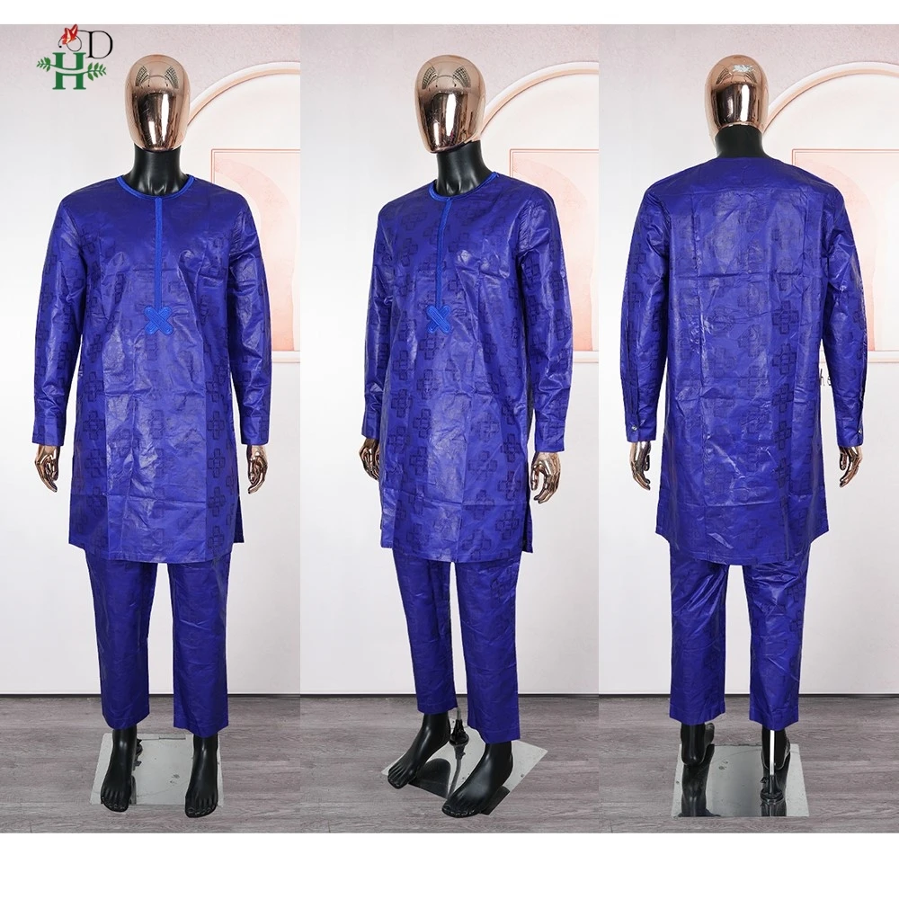 Ropa africana tradicional 3 uds traje africano para hombre azul Bazin Riche Agbada bata de fiesta de boda bordada de talla grande