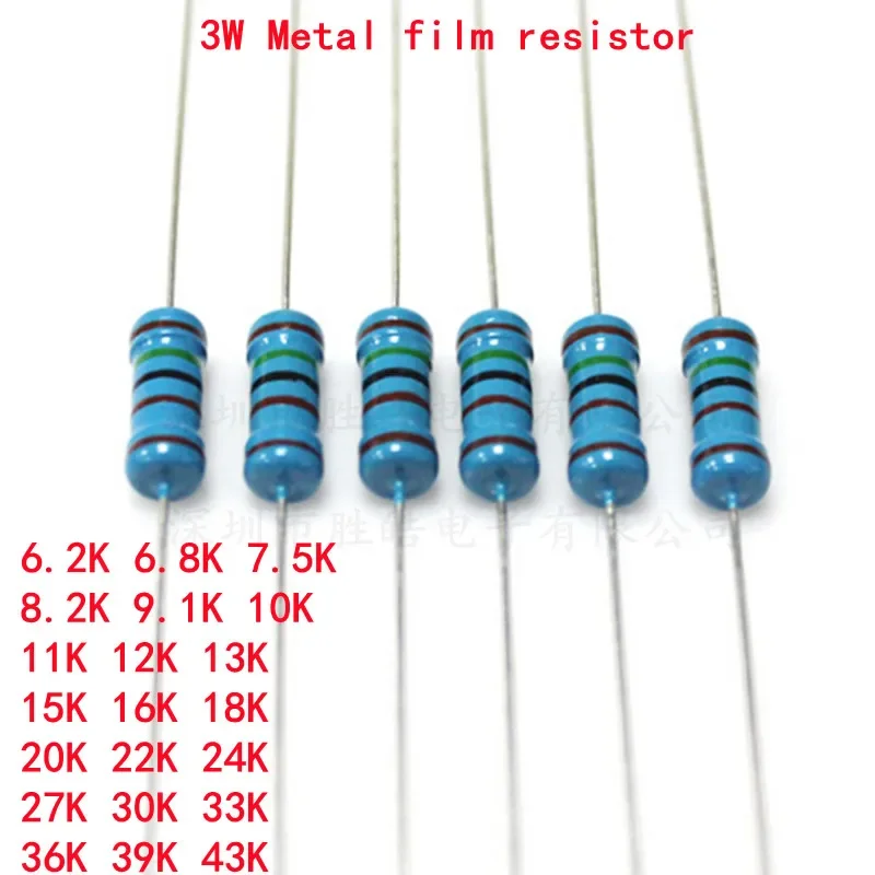 10piece 3W Metal Film Resistor 1% 6.2K 6.8K 7.5K 8.2K 9.1 10 11 12 13 15 16 18 20 22 24 27 30 33 36 39 43K Ohm High Good Quality