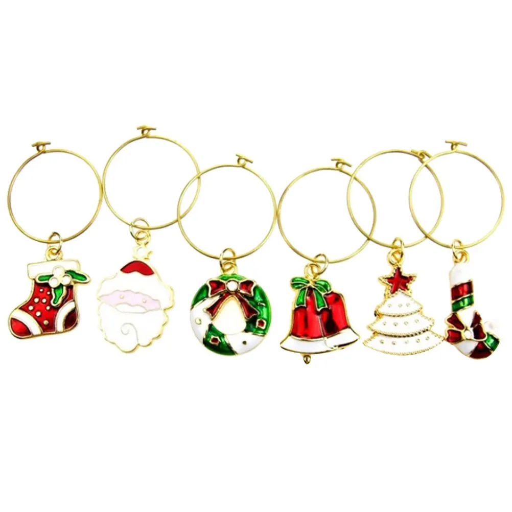 

6pcs Christmas Glass Charms Rings Glass Tags Drink Markers Party Favors Supplies (Random Style)