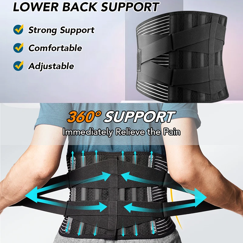 Back Lumbar Support Belt Men Spine Decompression Waist Trainer Adjustable Back Brace for Lower Back Pain Relief with 6 Stays