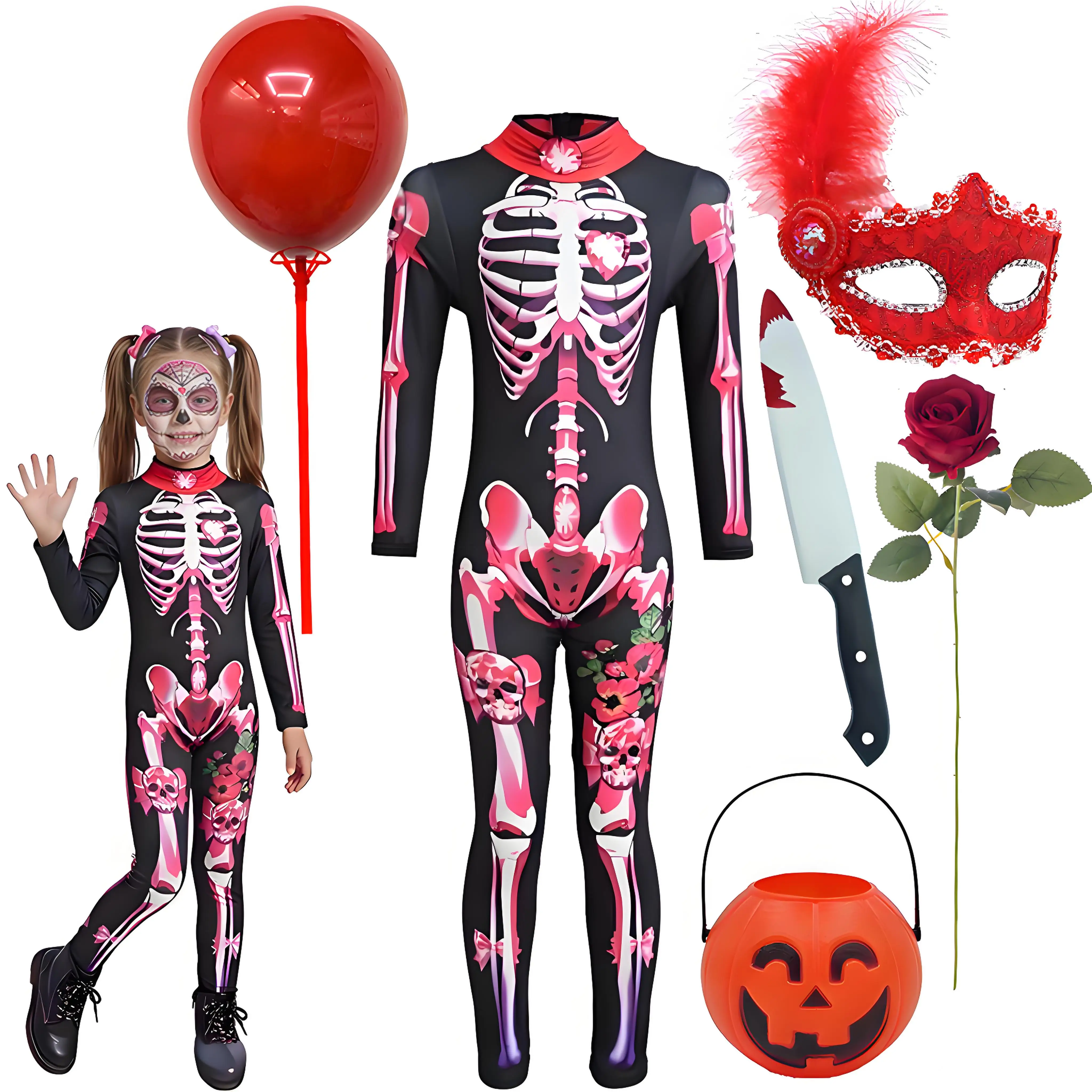 Halloween Carnival Haunted House Party Girl Cosplay Female Rose Skull Print Jumpsuit Decoration Parent-child Horror Theme Set