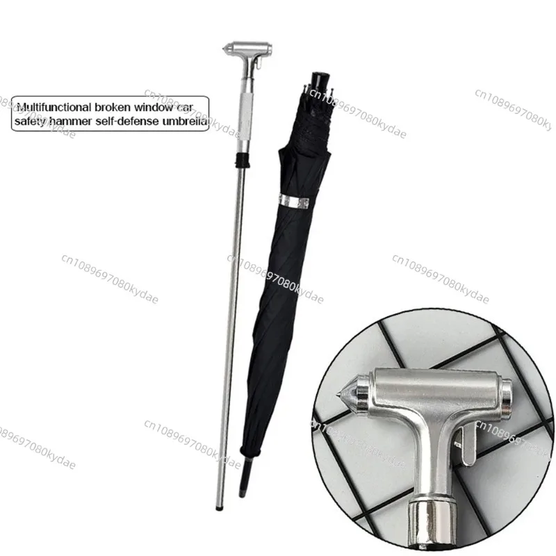 Multifunctional Broken Window Car Safety Hammer Self Defense  Walking Cane Stick 2-In-1 Sturdy Windproof UV Protection Umbrella