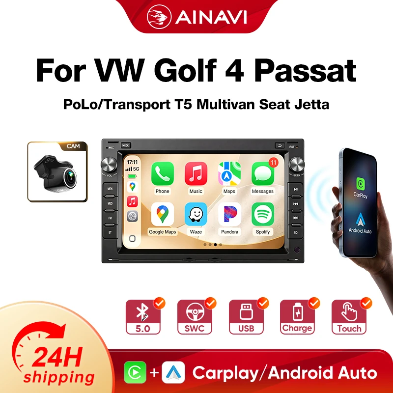 Ainavi 7 Zoll 2-Din-Autoradio für VW Passat B5 MK4 MK5 Golf 4 Polo Bora Jetta T5 Linux-System Wireless Carplay Android Auto Bluetooth GPS Autoradio Autobildschirm Auto-Infotainment Apple Carplay