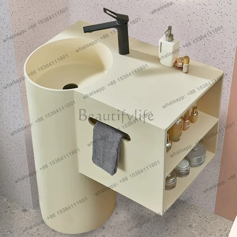 Integrated vertical wash basin artificial stone cream wind art skin feeling column bathroom floor cylindrical wash basin