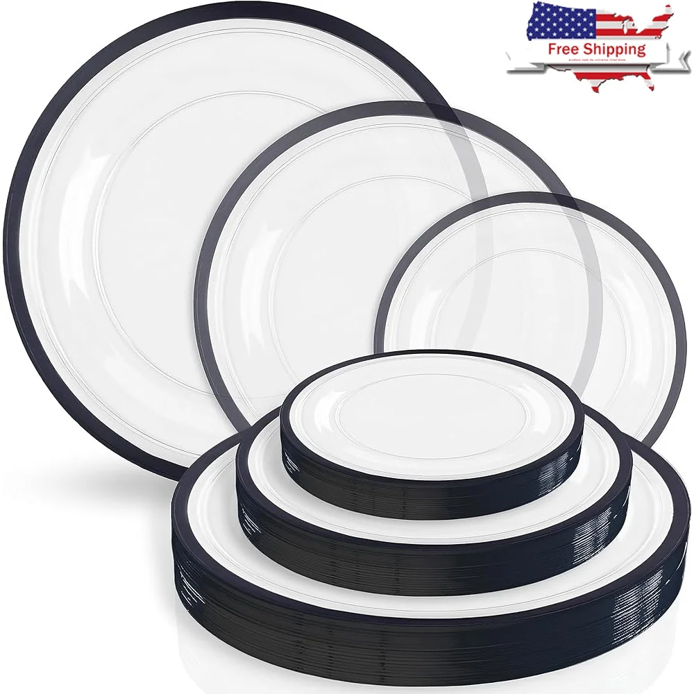 

Elegant Round Plastic Disposable Reusable Plate Set Clear Black Rim 7 10 13 Inch 24 Count Dinnerware Perfect Events