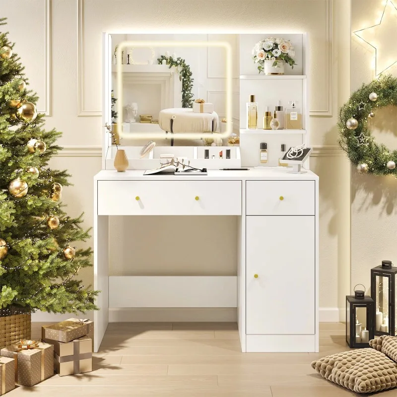 Makeup Vanity Desk Dressing Table with LED Lights & Power Strip - White