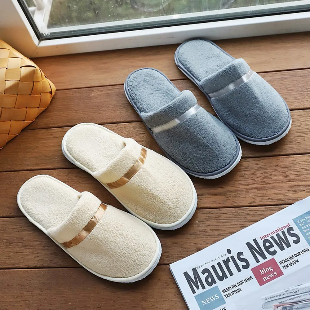 2Pairs Winter Warm Slippers Closed Toe Hotel Slippers Soft Non-slip Fluffy Slides Couple Indoor House Slippers Guest Use Sandals