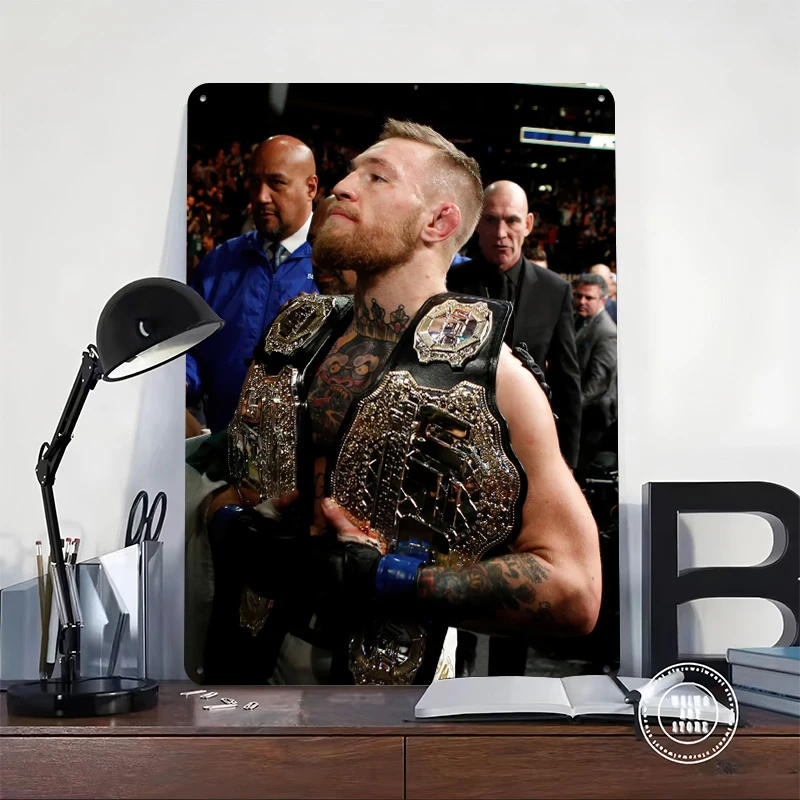 Conor McGregor With Championship Belts Tin Poster Customized Wall Art Retro Vintage Metal Signs for Fans Room Coffee Bar Decor