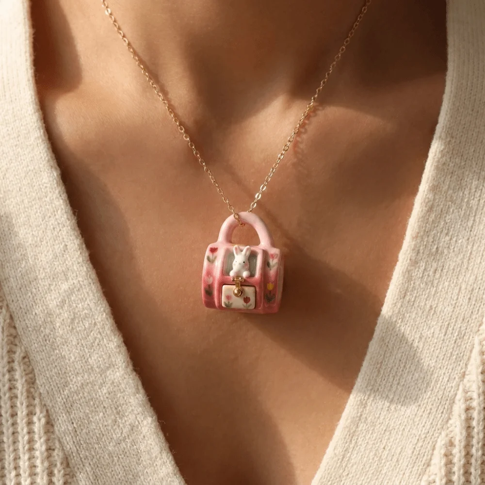 Elegant Lightweight Miniature Mug Pendant Necklace Alloy Gold Tone Ceramic Necklace Bunny Cat Floral Cartoon Jewelry Casual