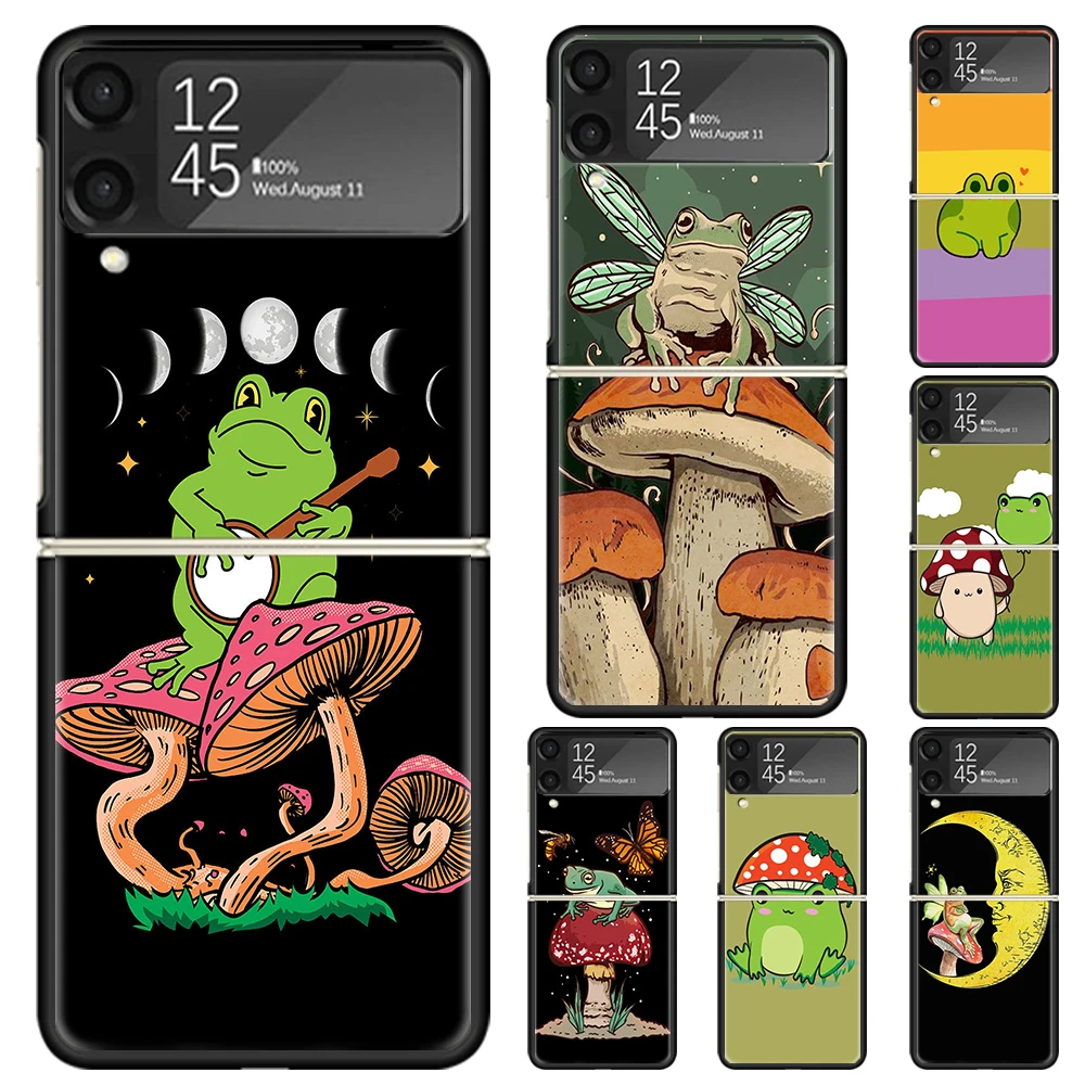 Cottagecore Frog Mushroom Kawaii Hard PC Phone Case For Samsung Galaxy Z Flip 6 5 4 3 Black Cover ZFlip6 Flip5 Flip4 5G Foldable