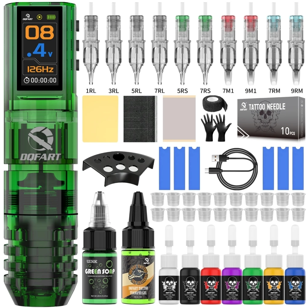 DQFART P3 Green Electric Wireless Tattoo Machine Kit Colorful Led Digltal Display Transfer Paper Tattoo Accessories Tattoo Ink