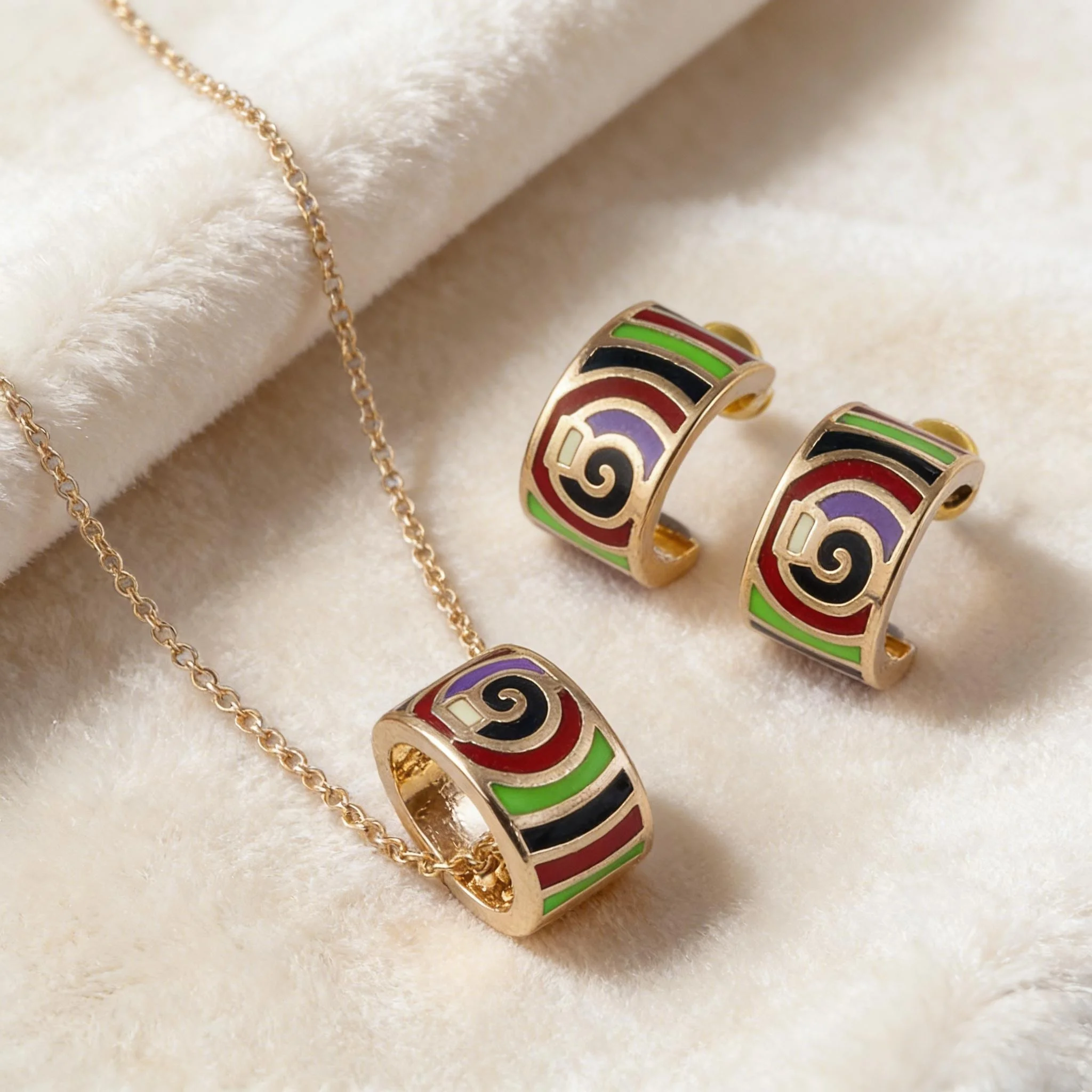 Fashion Geometric Enamel Swirl Earrings Necklace Set - Statement Gold Tone Accessory for Daily Wear