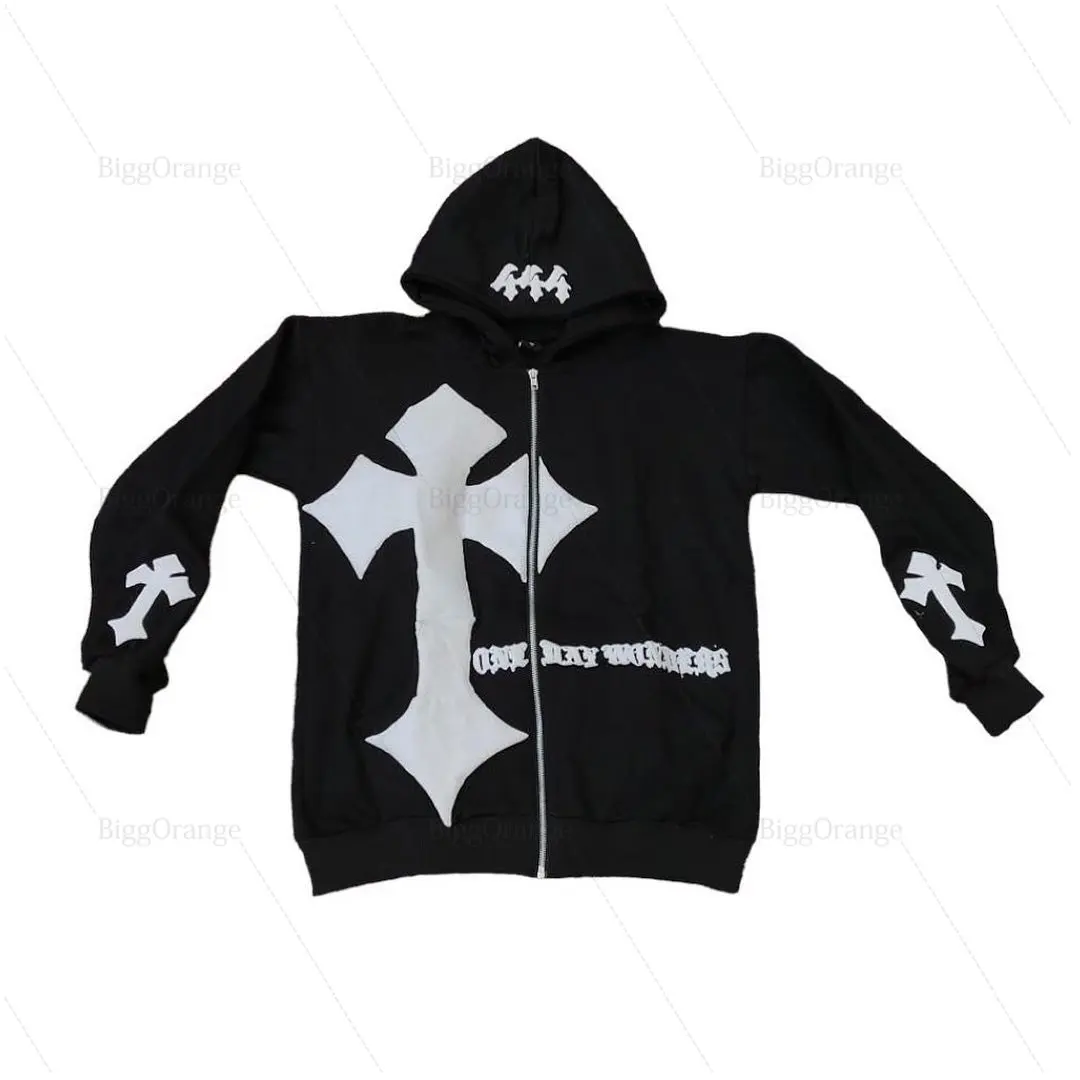 New Design High Street Cross Print Hoodies Harajuku Streetwear y2k Grunge Oversized Hoodie Couples Jacket Hip Hop Zip Up Hoodie