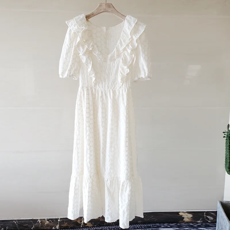 Summer New French V-neck Ruffled Embroidered Dress Women Fashion Sweet Holiday Spliced Short Sleeves Lace Long Dresses Female