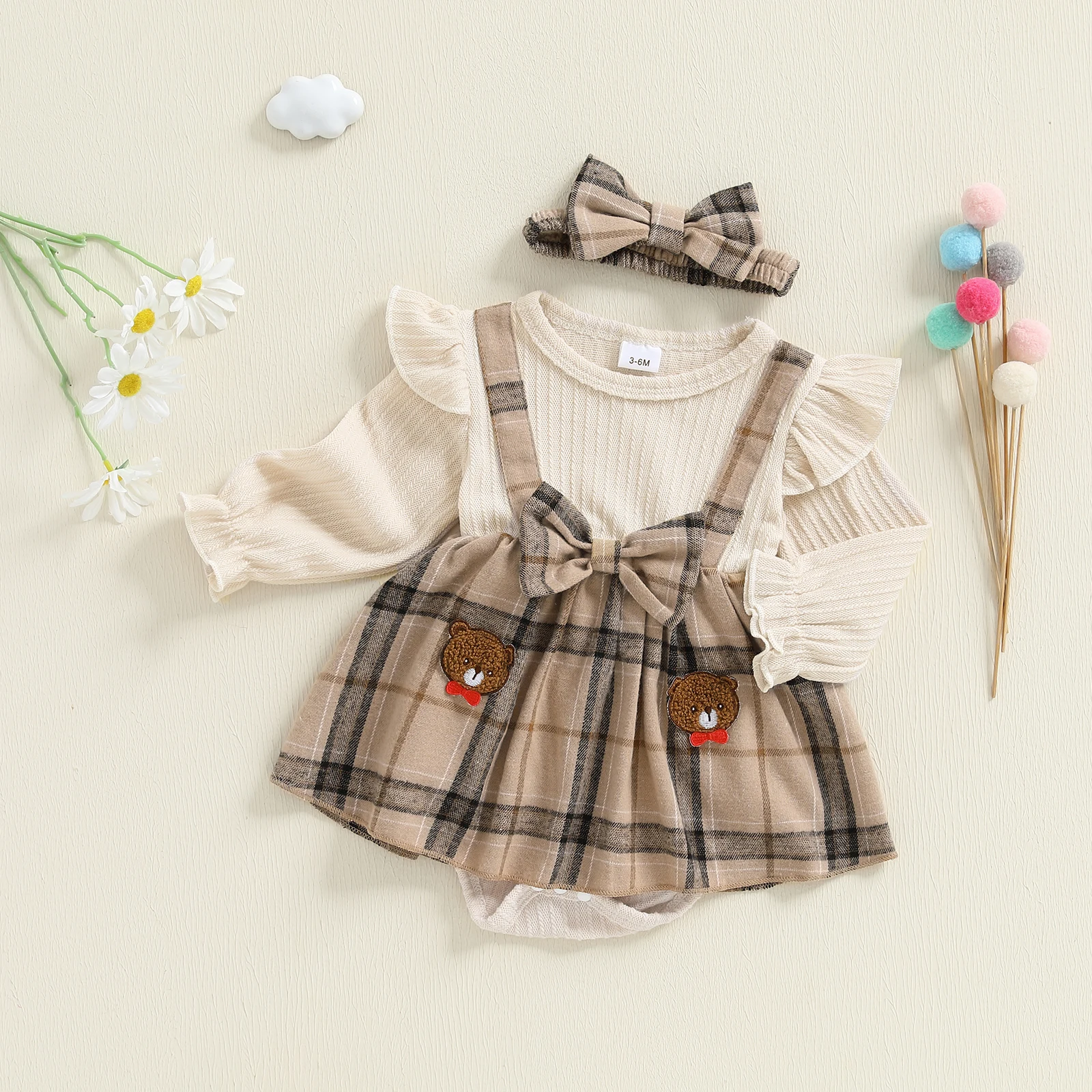 

Tregren От 0 до 18 месяцев клетчатый комбинезон для маленьких девочек, модный комбинезон с длинными рукавами и рюшами и вышивкой медведя, с повязкой на голову