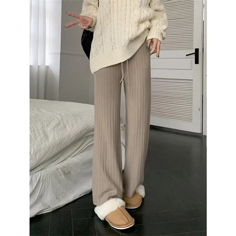 

Soft Waxy Elegant Pit Vertical Knit Casual Pants Women's 2024 New Autumn Winter Loose Straight Loose Long Wide Leg Pants LJ270