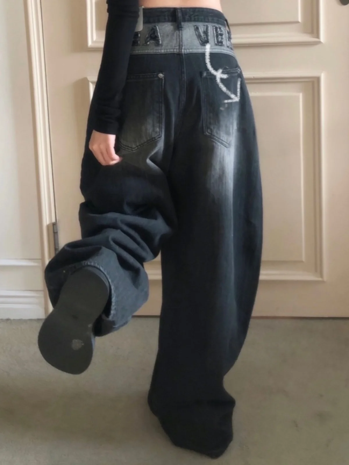 

Women's Washed Denim Jeans Letter Splicing Wide Leg Floor-Length Fashionable All-Match Straight Leg Pants Deep Color